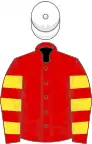 Red, yellow hooped sleeves, white cap