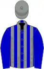 Blue and grey stripes, blue sleeves, grey cap