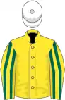 Yellow, dark green striped sleeves, white cap