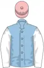 Light blue, white sleeves, pink cap