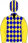Yellow and blue diamonds, yellow sleeves, striped cap