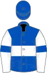 Royal blue, white hoop, white sleeves, royal blue armlet, royal blue cap