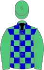Emerald green and blue check, green sleeves and cap