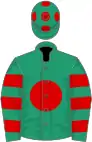 Emerald green, red disc, hooped sleeves and spots on cap