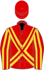 Red, yellow double X, red and yellow striped sleeves, red cap