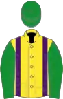Yellow, purple braces, green sleeves and cap