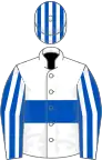 White, royal blue hoop, royal blue and white striped sleeves and cap