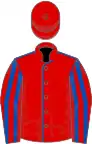 Red, royal blue seams, striped sleeves, red cap