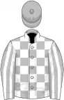 Silver and white check, striped sleeves, silver cap