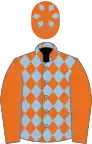 Orange and light blue diamonds, orange sleeves, orange cap, light blue diamonds