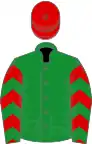 Green, red chevrons on sleeves, red cap