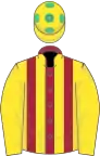 MAROON and YELLOW STRIPES, yellow sleeves, yellow cap, emerald green spots