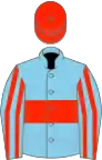 Sky Blue, Scarlet hoop, striped sleeves, Scarlet cap