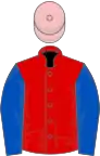 Red, Royal blue sleeves, pink cap