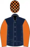Dark blue, orange sleeves, black and orange check cap