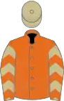 Orange, beige chevrons on sleeves, beige cap