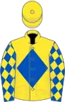 Yellow, royal blue diamond, royal blue sleeves, yellow diamonds