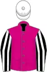 Cerise, black and white striped sleeves, white cap