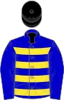 Blue and yellow hoops, blue sleeves, black cap