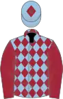 Light blue and maroon diamonds, maroon sleeves, and diamond on cap