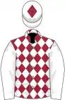 Maroon and white diamonds, white sleeves, white cap, maroon diamond
