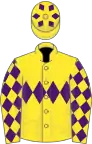 YELLOW, purple triple diamond, purple diamonds on sleeves and cap