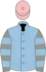 Light blue, grey hooped sleeves, pink cap
