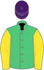 Emerald green, yellow sleeves, purple cap