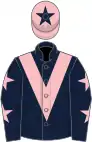 Dark blue, pink chevron, dark blue sleeves, pink stars, pink cap, dark blue star