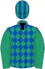 Royal blue and emerald green diamonds, emerald green sleeves, striped cap
