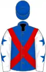 Royal blue, red cross belts, white sleeves, royal blue stars