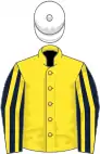 Yellow, dark blue and yellow striped sleeves, white cap
