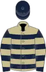 Beige, dark blue hoops, dark blue and beige hooped sleeves, dark blue cap