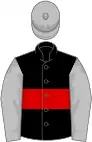 Black, red hoop, silver sleeves and cap