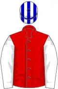 Red, white sleeves, blue and white striped cap