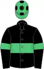 Black, emerald green hoop and armlets, emerald green cap, black spots