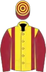 Yellow, Maroon braces and sleeves, Maroon and Yellow hooped cap