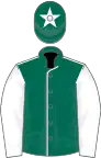 Dark green, white seams, sleeves and star on cap