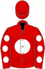 Red, white disc, red sleeves, white spots
