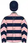 Dark blue, pink hoops, chevrons on sleeves, dark blue cap