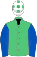 Emerald green, royal blue sleeves, white cap, emerald green spots