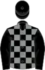 Black and grey check, black sleeves and cap