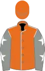 Orange, white seams, grey sleeves, white stars, orange cap, white stars