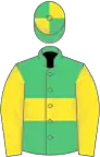 Emerald green, yellow hoop and sleeves, quartered cap