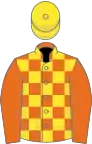 Orange and yellow check, orange sleeves, orange and yellow checked cap