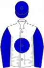White, blue disc, blue sleeves, blue cap