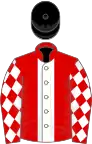 Red, white stripe, diamonds on sleeves, black cap