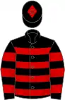 Black and red hoops, black cap, red diamond