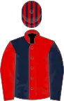 Red and dark blue halved, slvs reversed, striped cap