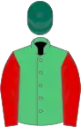 Emerald green, red sleeves, dark green cap